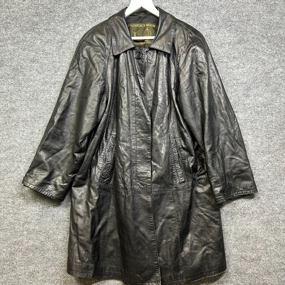 Florence Moon Trench Coat Womens 44 Black Leather Good Vintage Italy Pockets